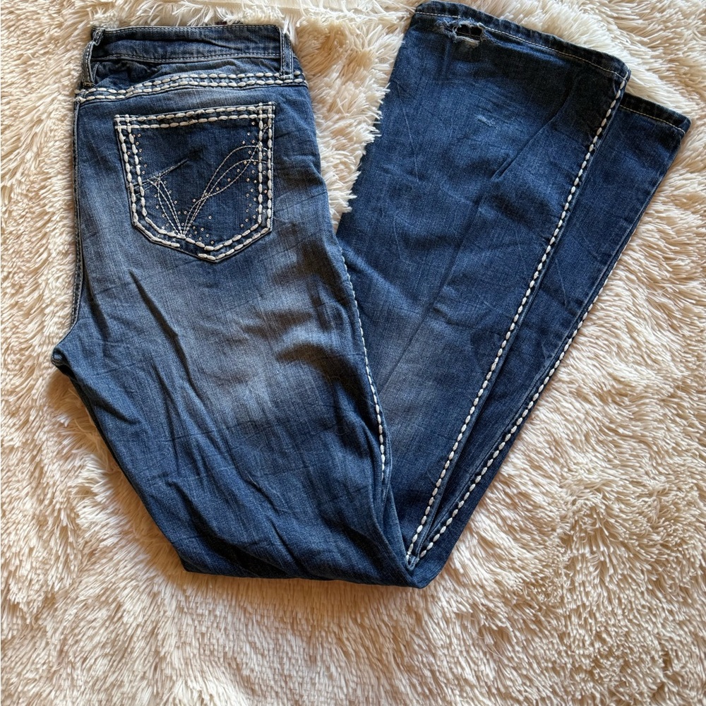 Dark Blue Flare Jeans with White Stitching